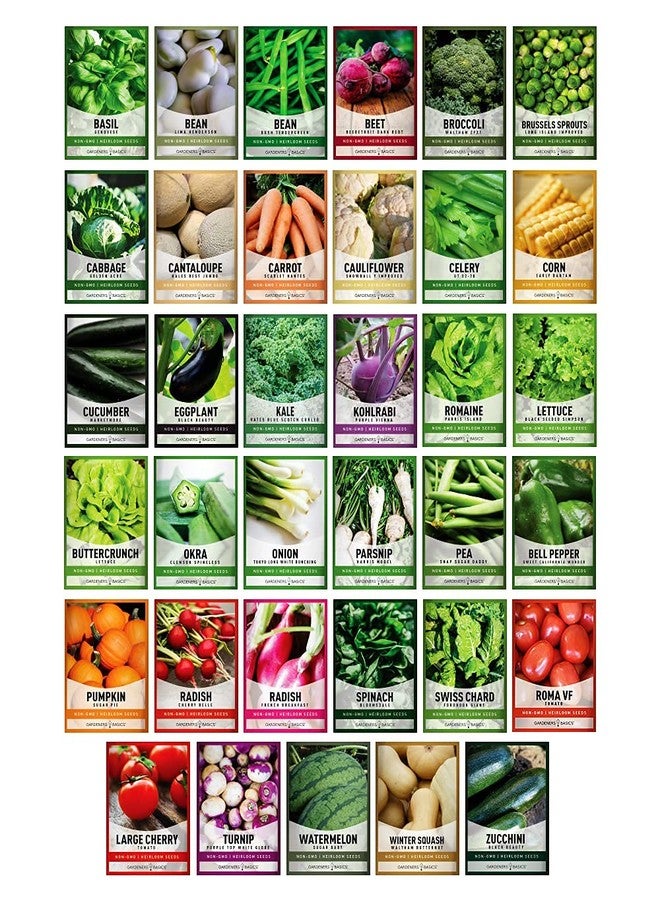 Gardeners Basics مجموعة بذور الخضروات الأساسية للبستانيين للبقاء على قيد الحياة - أكثر من 16,000 بذور غير معدلة وراثيًا ووراثية، رائعة لمعدات البقاء في حالات الطوارئ 35 نوعًا من البذور لزراعة الخضروات 35 علامة نبات مجانية - Image 2